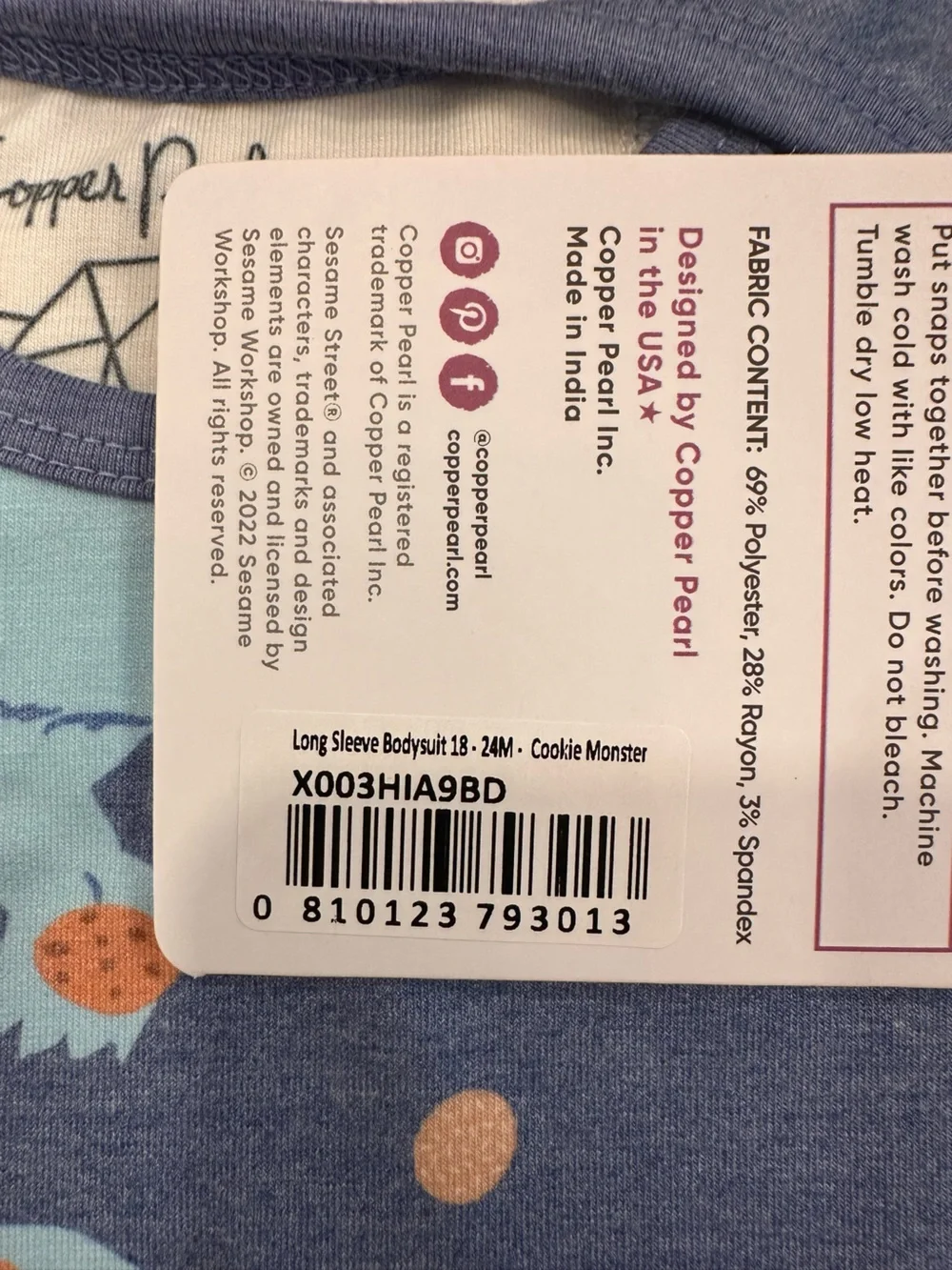 NWT Copper Pearl Baby Long Sleeve Bodysuits, Deisel & Cookie Monster, 18-24M